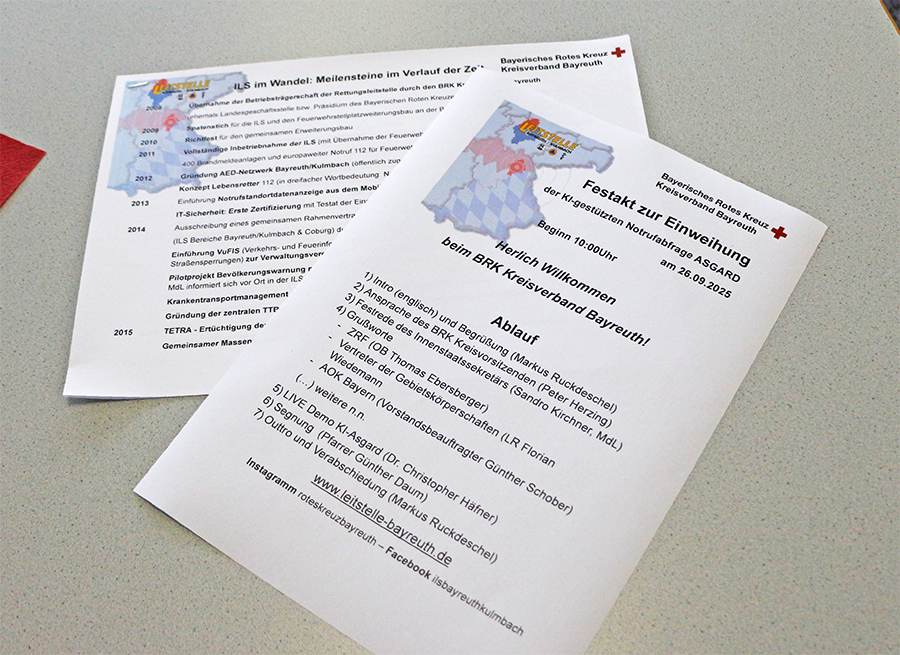 Programm Feierstunde KI-unterstützte Notrufannahme in der ILS Bayreuth/Kulmbach und Meilensteine der ILS Bayreuth/Kulmbach.