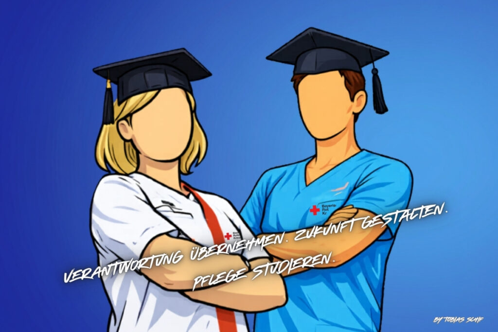 Das Bild zeigt eine Cartoon-Zeichnung einer weiblichen und männlichen Pflegefachkraft mit Doktorhut und der Schrift: Verantwortung übernehmen - Zukunft gestalten - Pflege studieren.