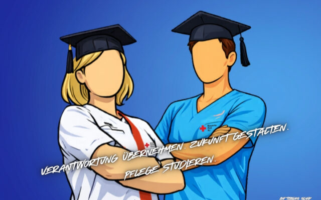 Das Bild zeigt eine Cartoon-Zeichnung einer weiblichen und männlichen Pflegefachkraft mit Doktorhut und der Schrift: Verantwortung übernehmen - Zukunft gestalten - Pflege studieren.