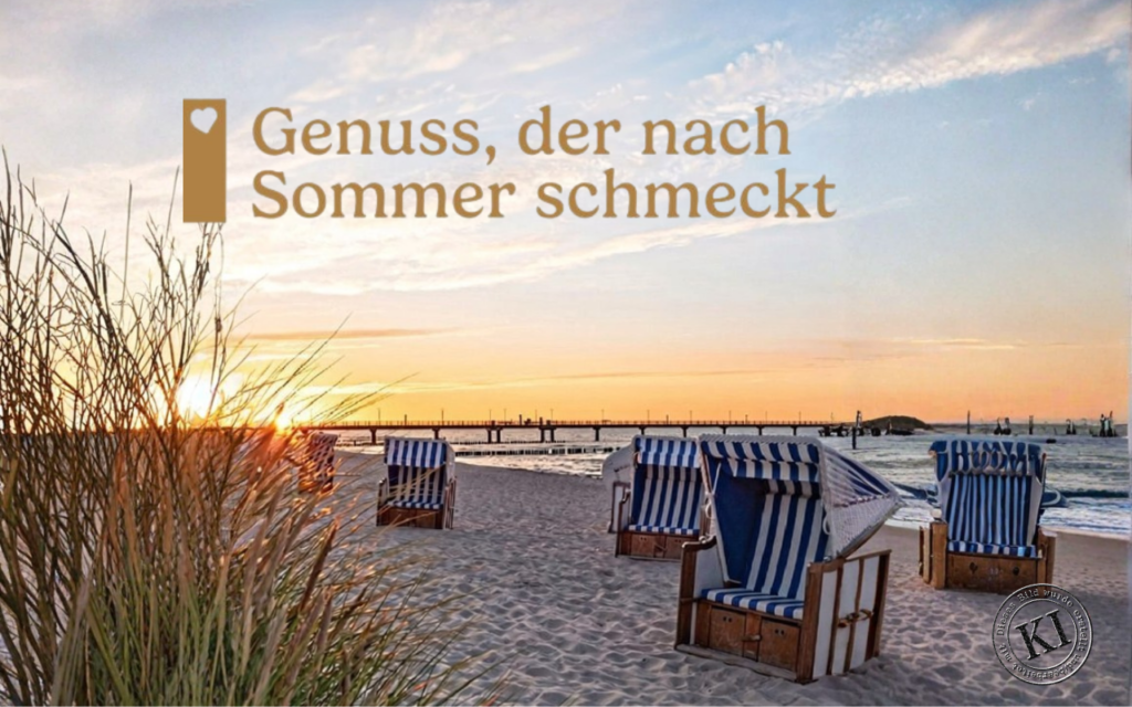 Werbung für die Sommerangebote des Menüservice - zusehen Standkörbe und Strandidylle - Hinweis: Bildamterial wurde mit KI bearbeitet. Bilmaterial: aeptito
