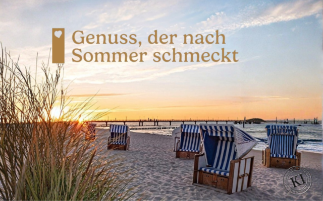 Werbung für die Sommerangebote des Menüservice - zusehen Standkörbe und Strandidylle - Hinweis: Bildamterial wurde mit KI bearbeitet. Bilmaterial: aeptito